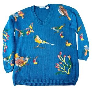 Vintage Field Gear Blue Floral Knit V Neck 3/4 Sleeve Bird Animal Sweater Small‎